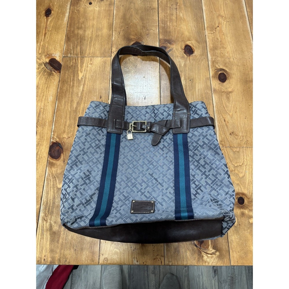 Tommy Hilfiger Monogram Gray Tote Bag‎ Shoulder Travel Carryall Blue Stripe
